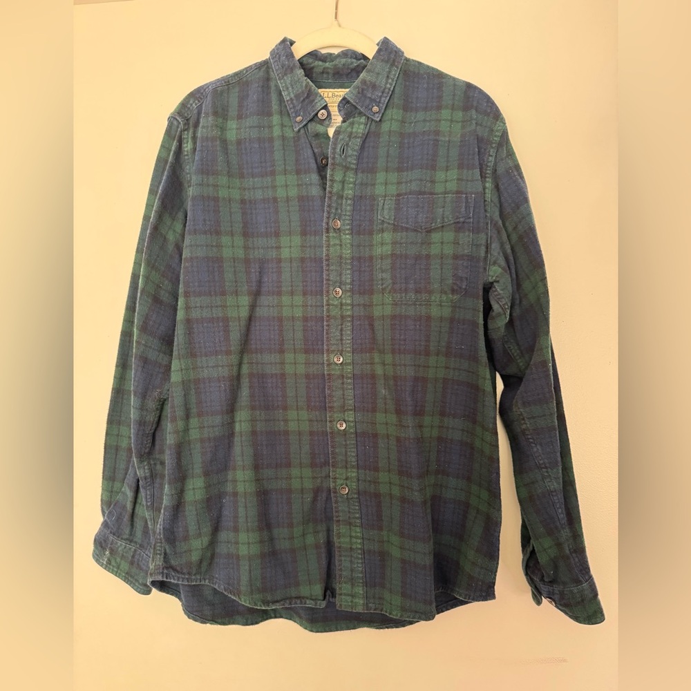 LL Bean Men's Button-Down Flannel Shirt - Green & Blue Plaid